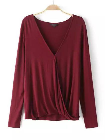 Romwe Burgundy Long Sleeve V Neck Blouse