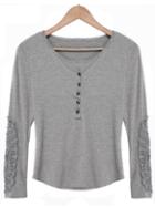 Romwe Lace Crochet Buttons Grey T-shirt