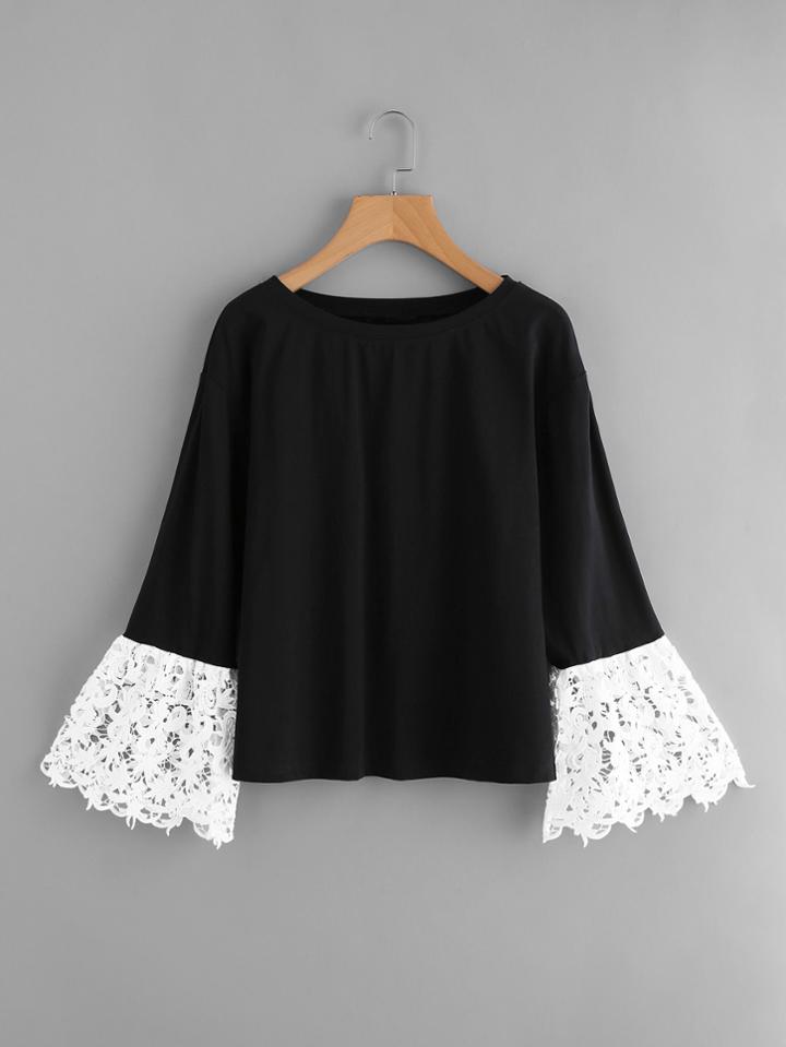 Romwe Contrast Guipure Lace Bell Cuff Tee