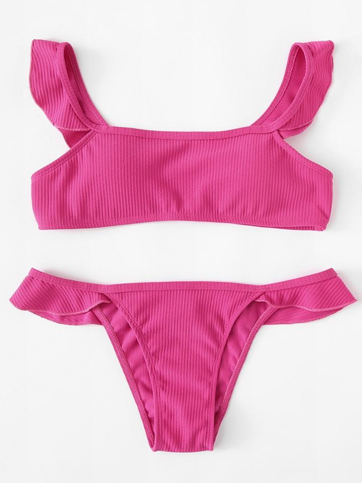 Romwe Ruffle Trim Rib Knit Bikini Set