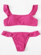 Romwe Ruffle Trim Rib Knit Bikini Set