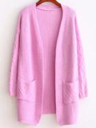 Romwe Pink Diamond Pattern Ribbed Longline Sweater Coat
