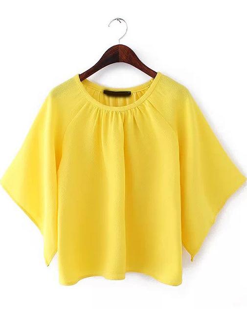 Romwe Yellow Round Neck Batwing Loose Blouse