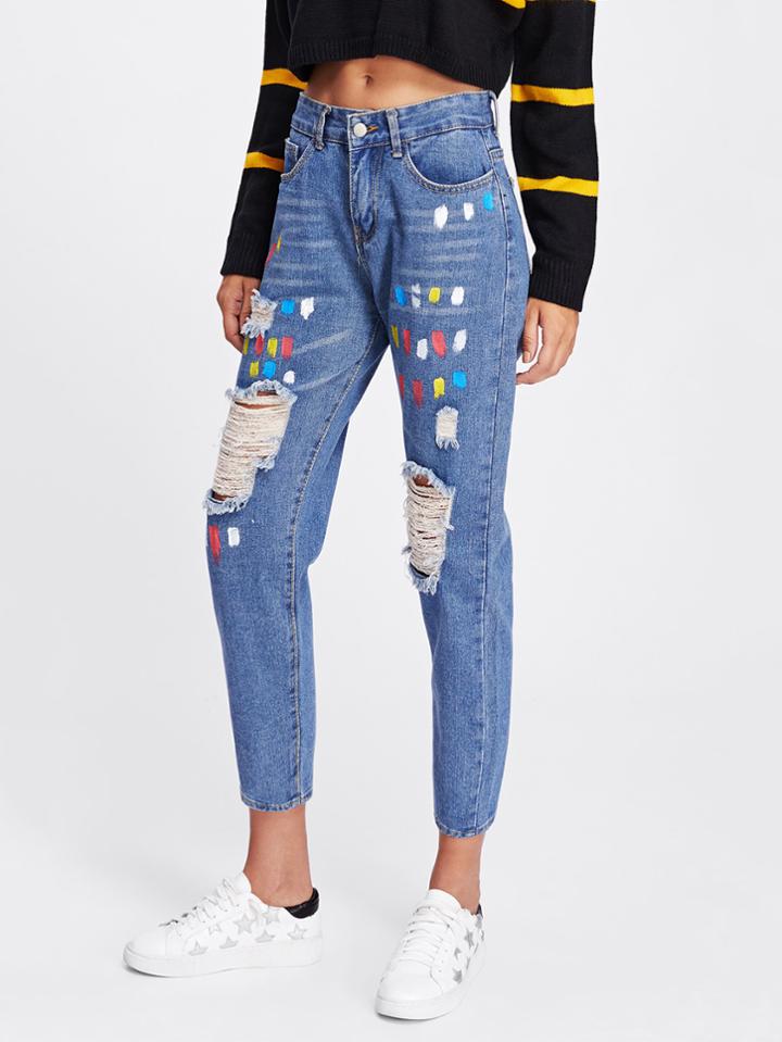 Romwe Brushstroke Print Ripped Jeans