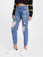 Romwe Brushstroke Print Ripped Jeans