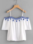 Romwe Open Shoulder Taped Embroidered Tassel Trim Top