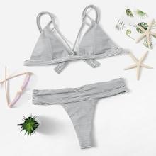 Romwe Strappy Random Striped Bikini Set