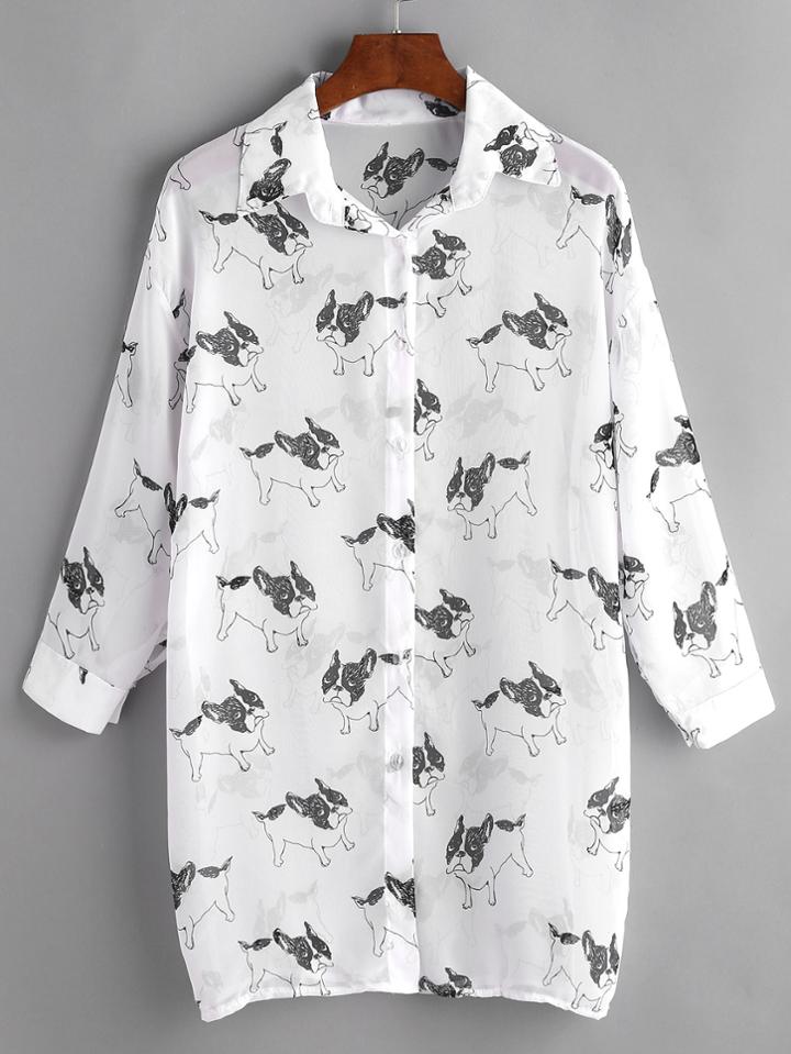Romwe Bulldog Print Drop Shoulder Chiffon Shirt Dress