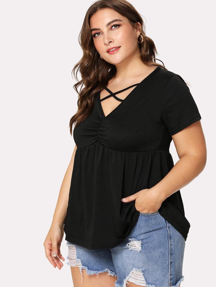 Romwe Criss Cross Front Pleated Tee
