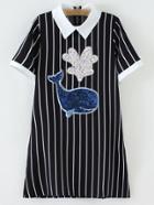 Romwe Black Lapel Stripe Whale Sequined Zipper Dress