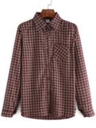 Romwe Lapel Plaid Buttons Maroon Blouse With Pocket