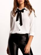 Romwe White Lapel Bow Embellished Blouse