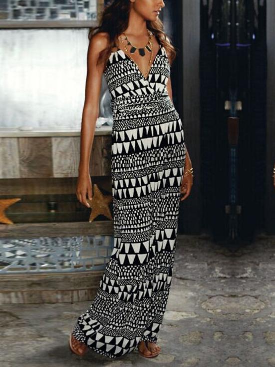 Romwe Contrast Geometric Print Deep V Neck Cami Maxi Dress