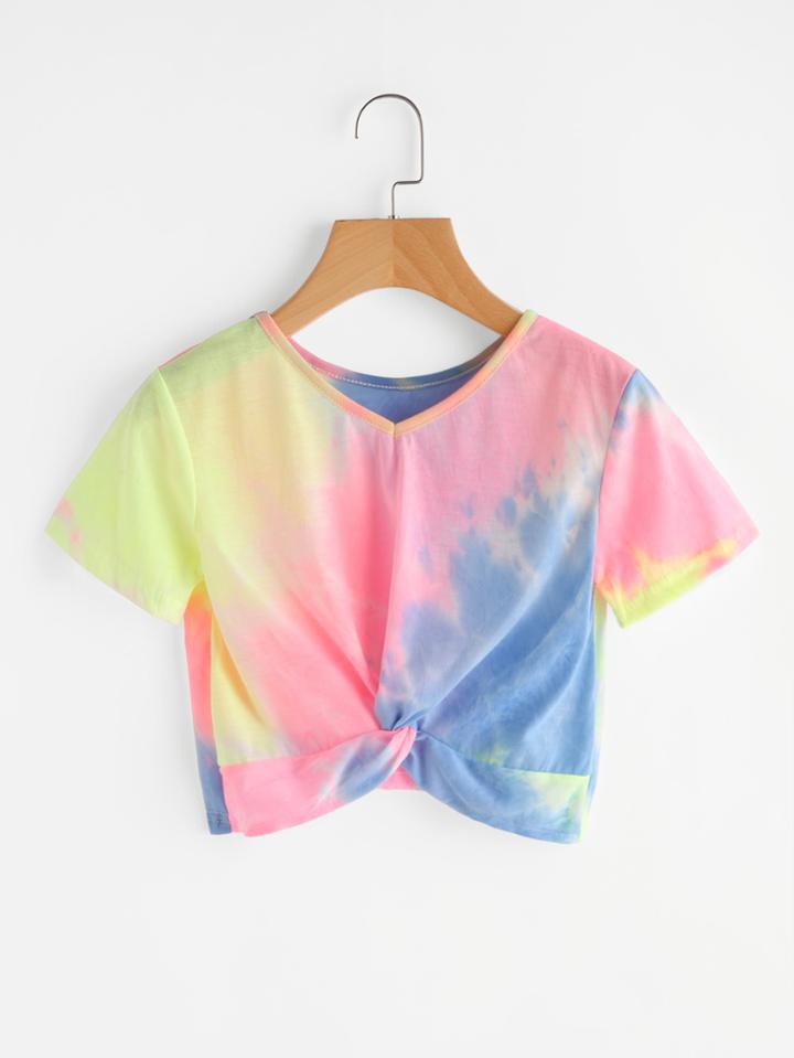 Romwe V Neckline Water Color Twist Front Tee