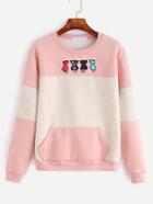 Romwe Pink Contrast Cat Embroidery Pocket Sweatshirt
