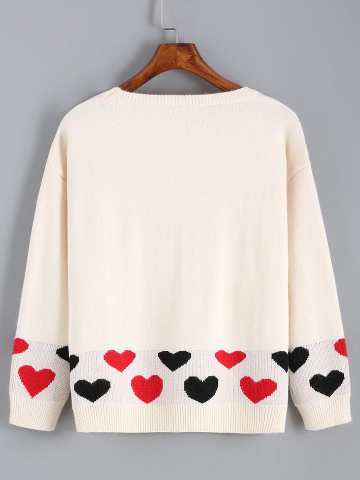 Romwe Heart Pattern Beige Sweater