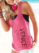 Romwe Hot Pink Letter Print Ruched 2 In 1 Tank Top
