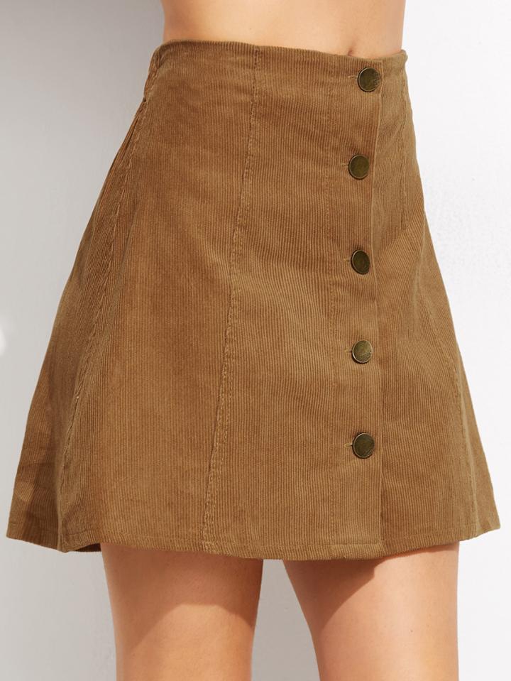 Romwe Khaki Corduroy Single Breasted A Line Skirt