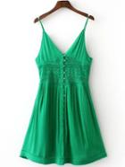Romwe Green V Neck Spaghetti Strap Buttons Dress
