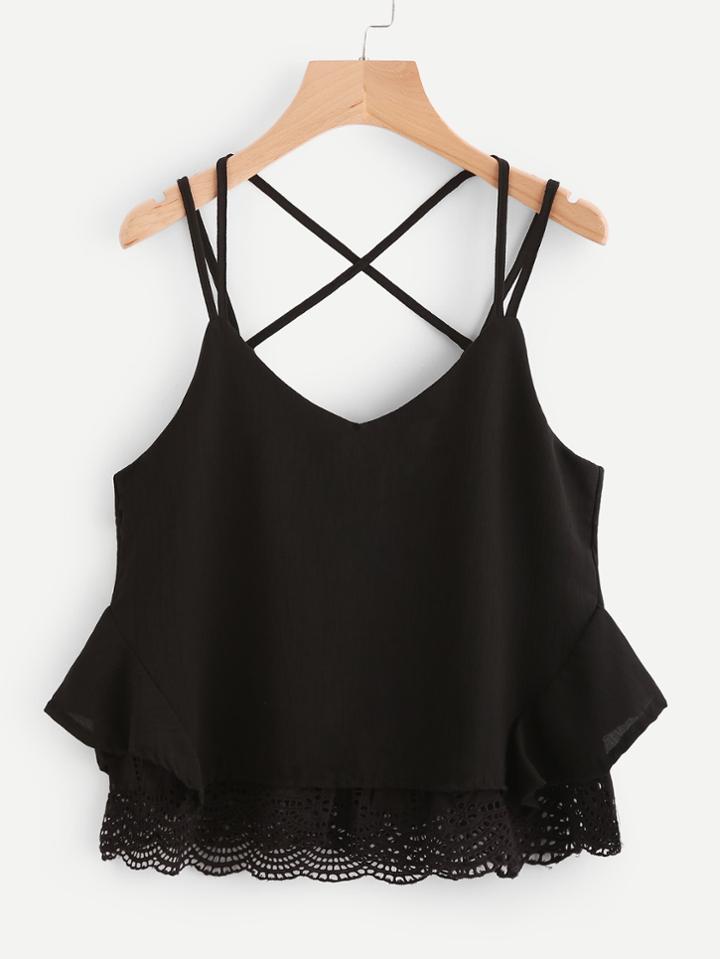 Romwe Lace Hem Criss Cross Cami Top