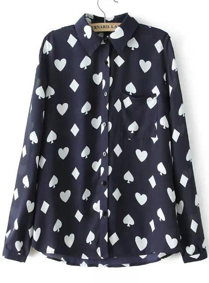 Romwe Navy Lapel Poker Print Loose Blouse