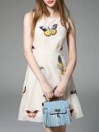 Romwe Apricot Butterfly Embroidered A-line Dress