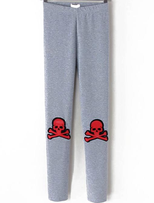 Romwe Skull Pattern Slim Grey Legging