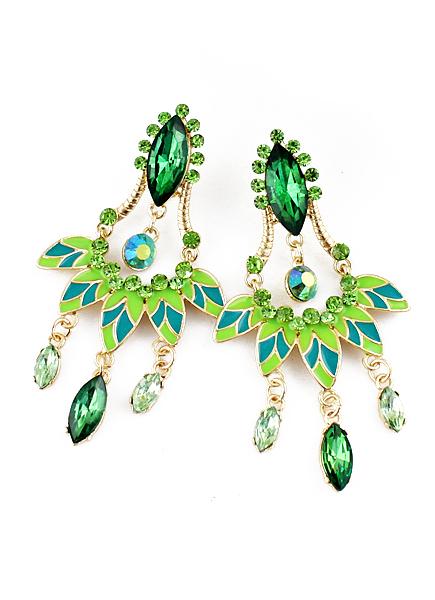 Romwe Green Gemstone Tassel Leave Earrings
