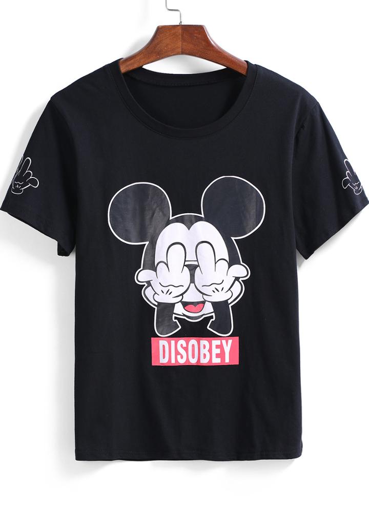Romwe Black Short Sleeve Mickey Print T-shirt