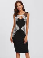 Romwe Lace Applique Mesh Panel Fitted Dress