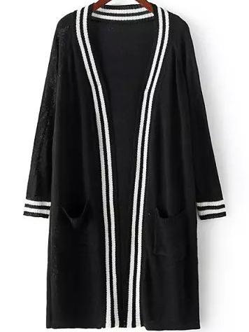 Romwe Varsity Striped Slit Pockets Black Cardigan