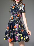 Romwe Multicolor Tie Neck Elastic-waist Floral Dress