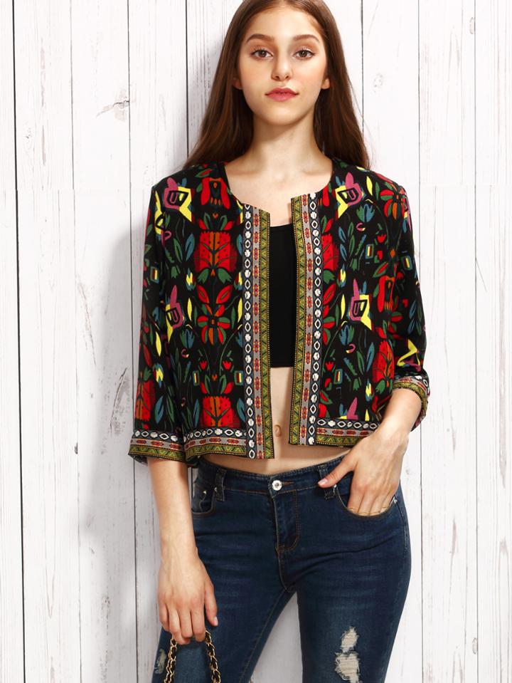 Romwe Black Flower Print Outerwear With Embroidered Tape Detail