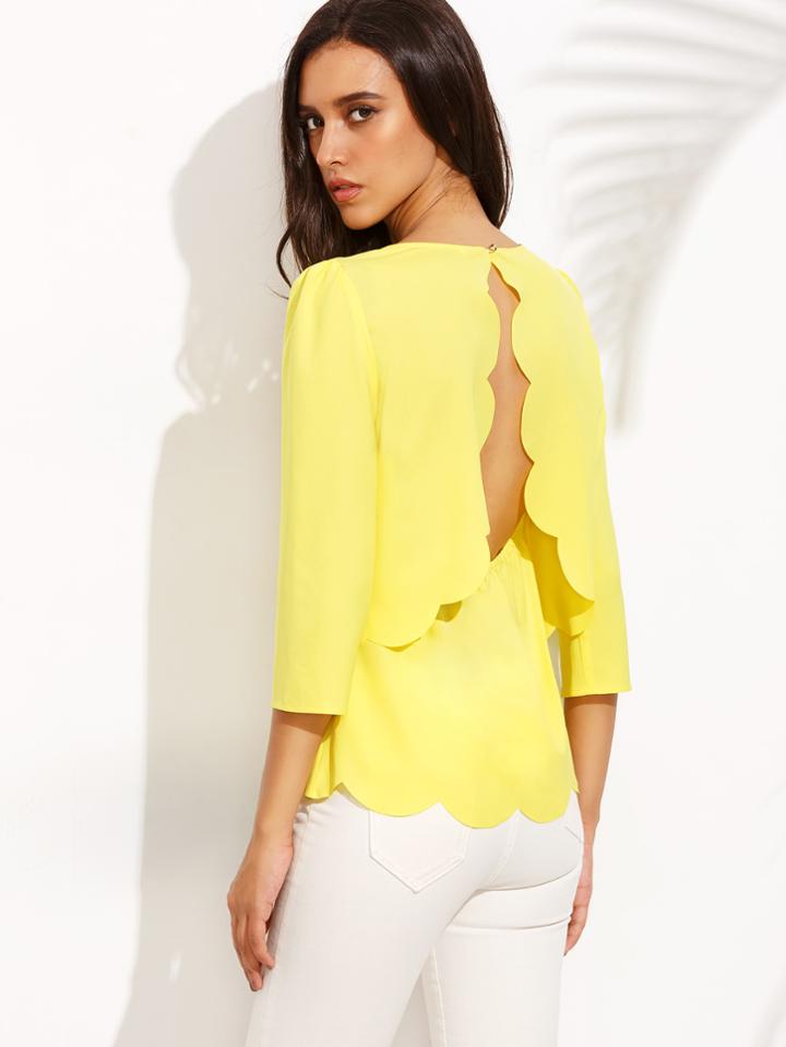 Romwe Split Back Scalloped Hem Top