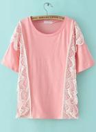 Romwe Contrast Lace Loose Pink T-shirt