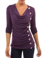 Romwe Draped Neck Single Breasted Purple T-shirt