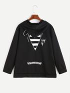Romwe Black Print Back Zip Up Drawstring Hooded Sweatshirt
