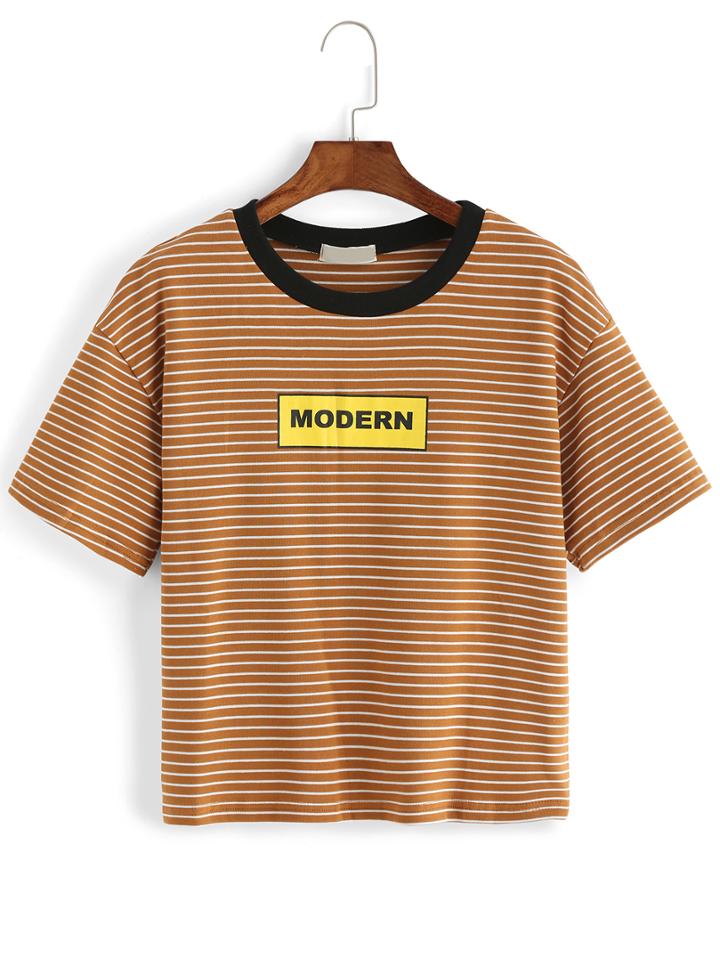 Romwe Stiped Letters Print Khaki T-shirt