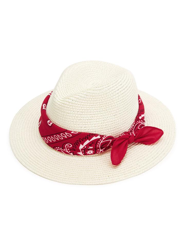 Romwe Straw Fedora Hat With Scarf