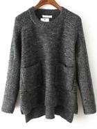 Romwe Dip Hem Split Side Pockets Black Sweater