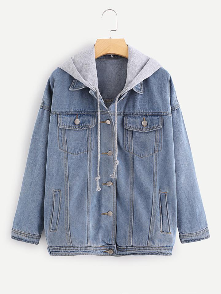 Romwe Contrast Hooded Single Breasted Denim Jacket