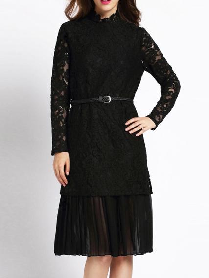 Romwe Long Sleeve Lace Pleated Dress