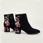 Romwe Floral Embroidered Side Zip Suede Boots
