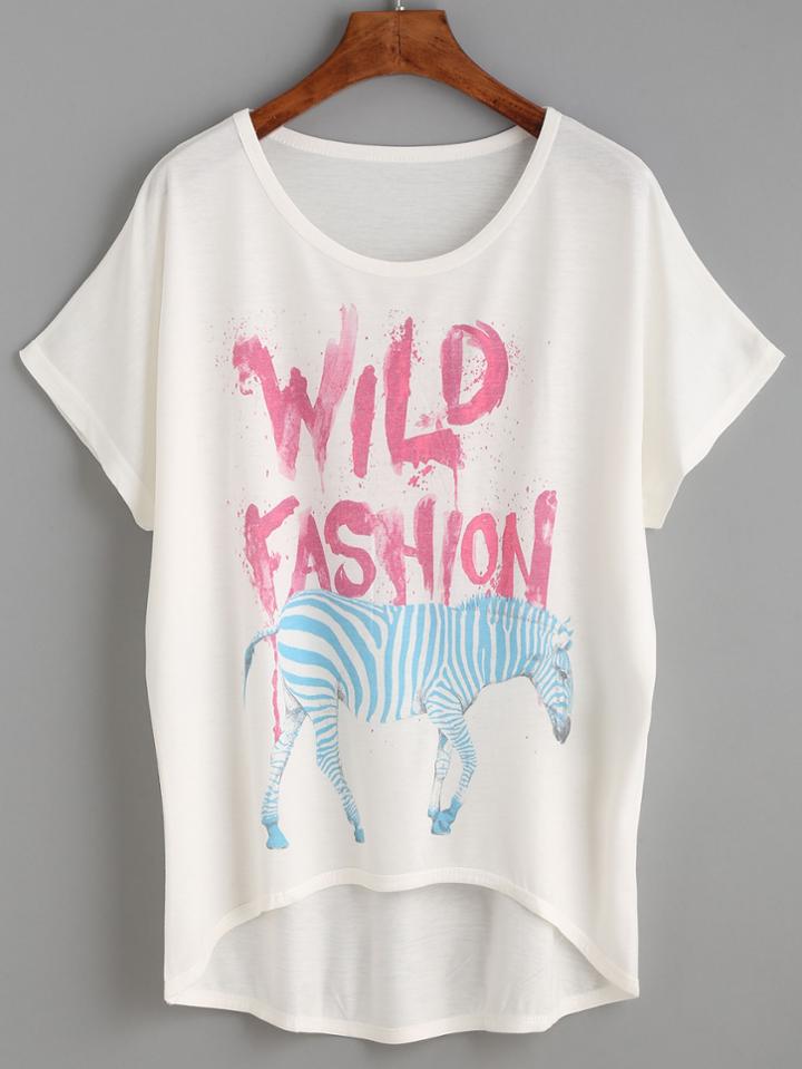 Romwe White Graffiti And Zebra Print Dip Hem T-shirt