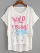 Romwe White Graffiti And Zebra Print Dip Hem T-shirt