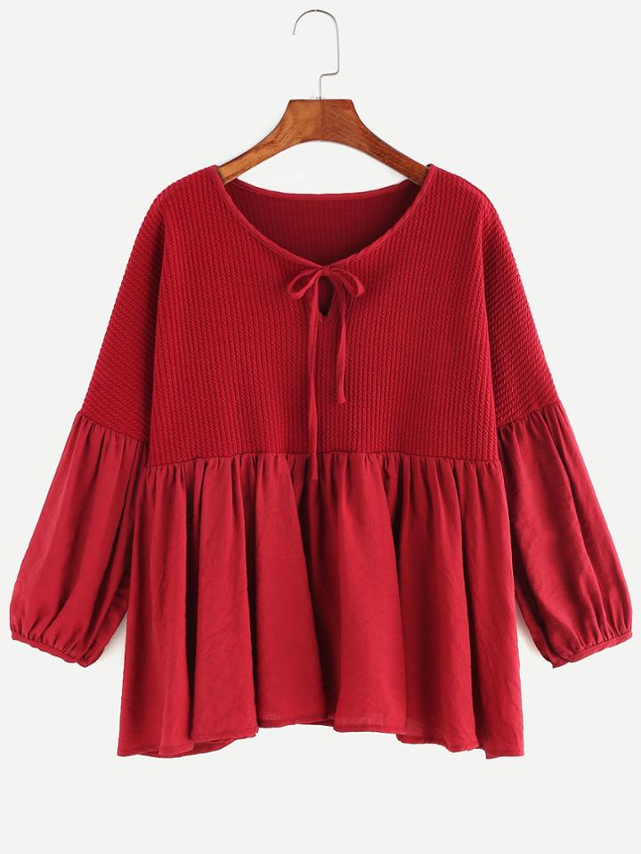 Romwe Burgundy Tie Neck Dropped Shoulder Seam Peplum Blouse