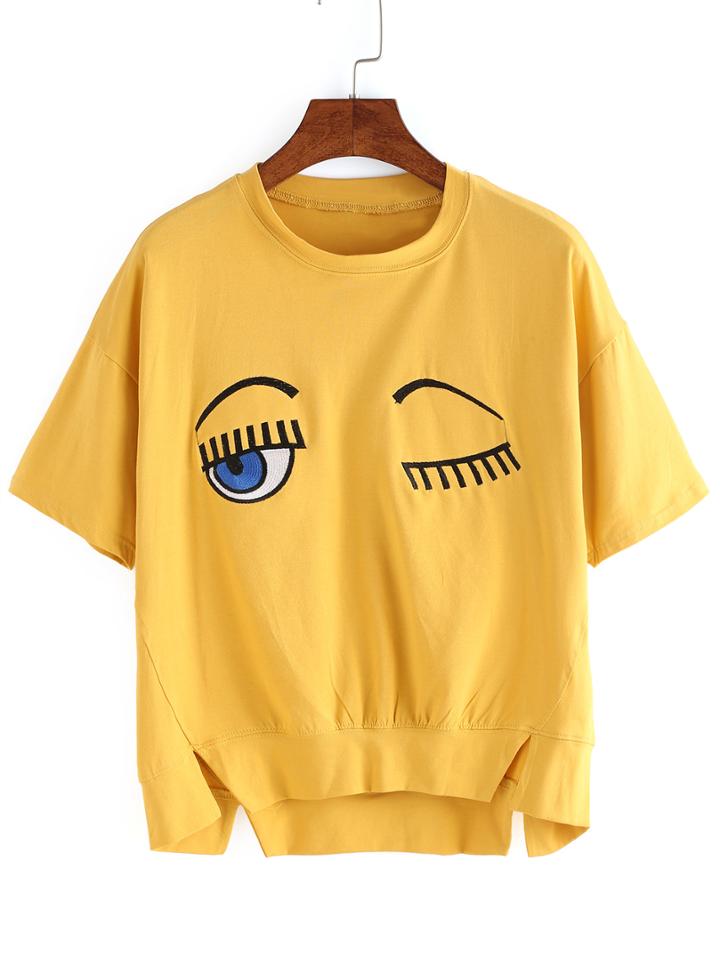 Romwe Dip Hem Eye Embroidered Split T-shirt