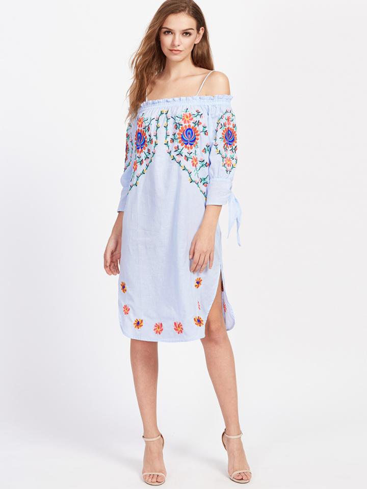Romwe Split Side Knot Detail Embroidered Dress