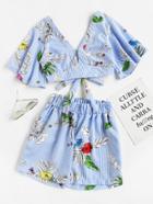 Romwe Plunging V-neckline Striped Florals Knot Crop Top With Shorts