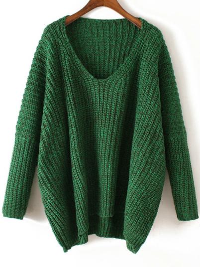 Romwe V Neck Chunky Knit Green Dolman Sweater